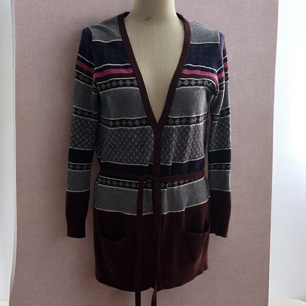 Tommy Hilfiger Gray and Pink Patterned Cotton Cashmere Cardigan